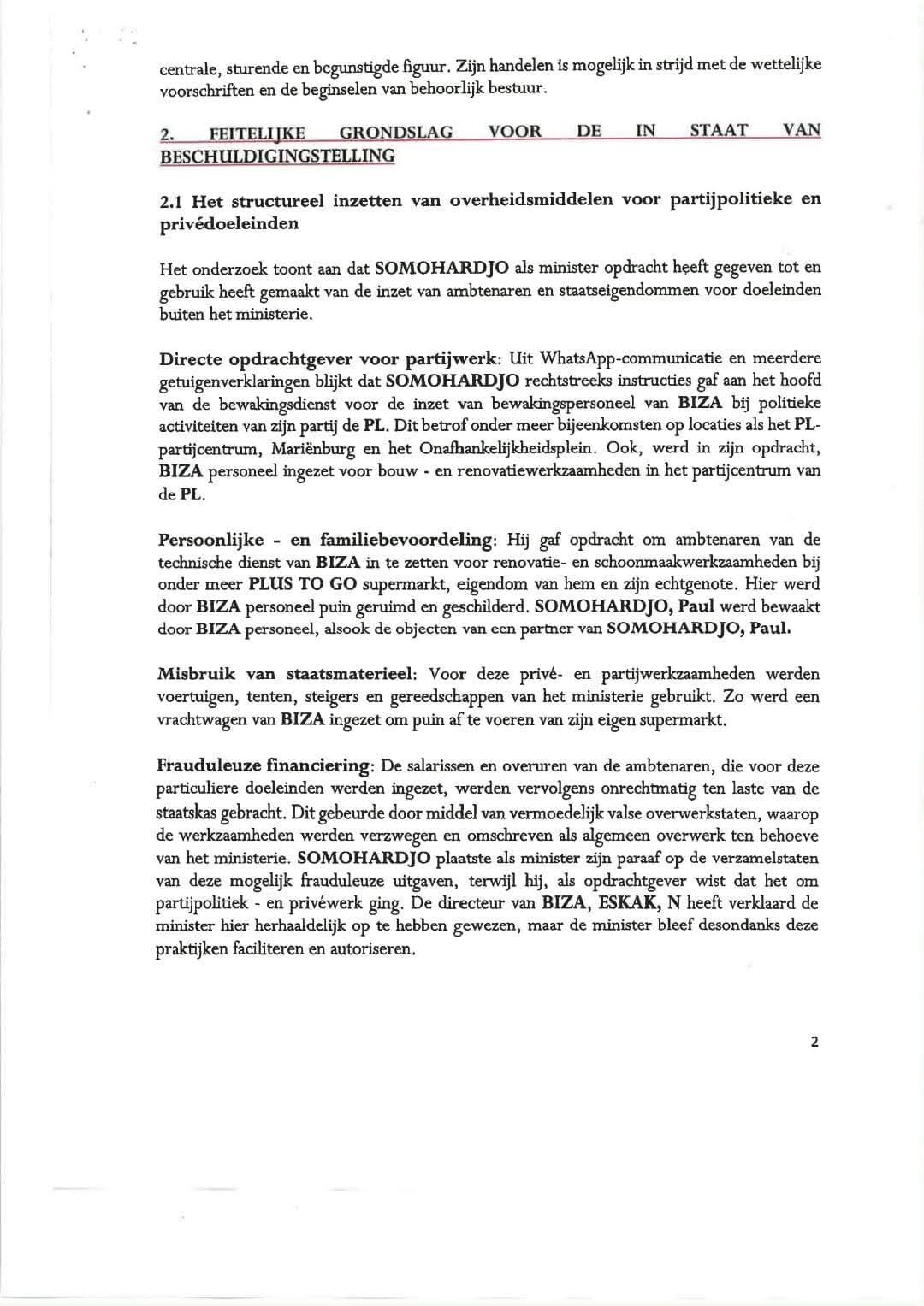 Brief PG aan DNA mbt staat van beschuldiging van Bronto Salam Gino Somohardjo