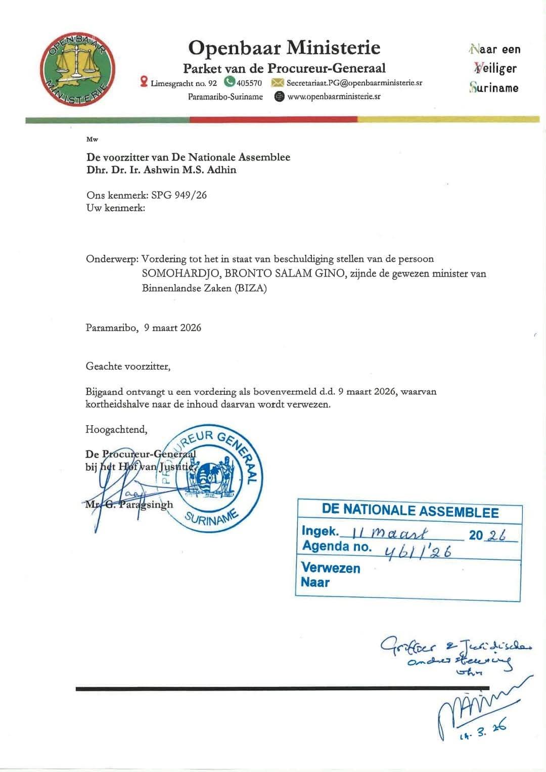 Brief PG aan DNA mbt staat van beschuldiging van Bronto Salam Gino Somohardjo