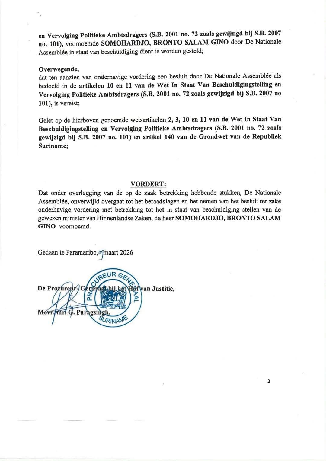 Brief PG aan DNA mbt staat van beschuldiging van Bronto Salam Gino Somohardjov