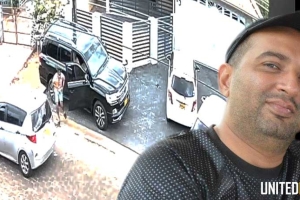 Foto compilatie: Fragment foto van een beveiligings camera van de drive by shooting, rechts Karan Chablani