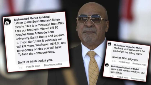 Bouterse organiseerde een spoedbijeenkomst vanwege de dreigposts.Ⓒ ANP, FACEBOOK | DE TELEGRAAF Bouterse organiseerde een spoedbijeenkomst vanwege de dreigposts.Ⓒ ANP, FACEBOOK | DE TELEGRAAF
